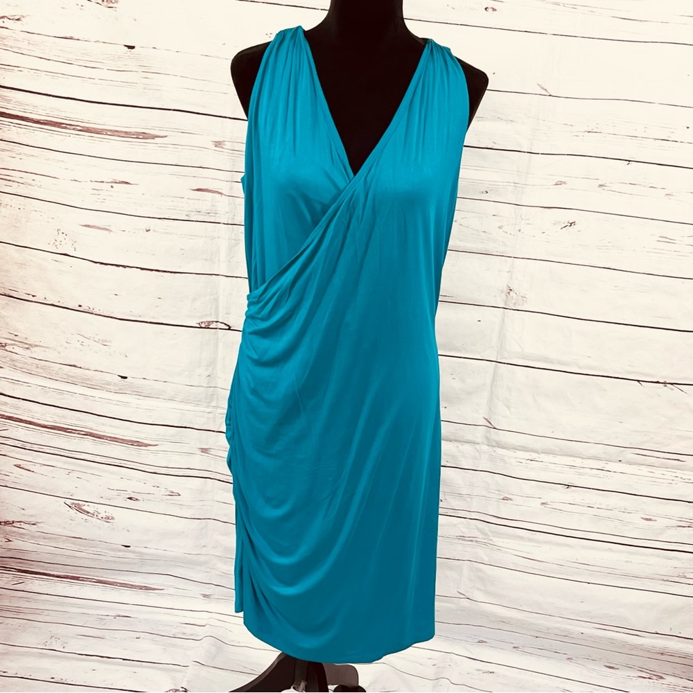 Banana Republic Womens Faux Wrap Dress V-Neck Ruched Sleeveless Blue Size L‎